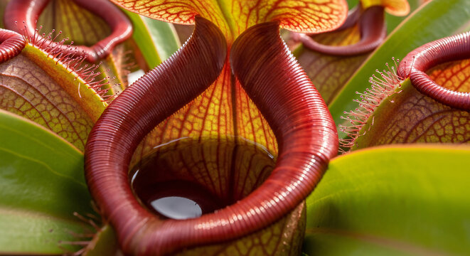 Close-up of a vibrant pitcher plant with intricate details and a deep, liquid-filled trap. - Powered by Adobe