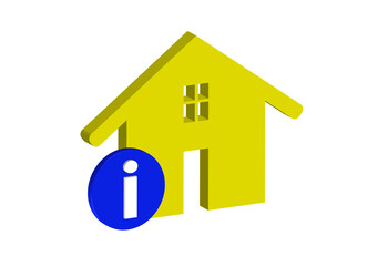 Simple 3D illustration of a house icon with an information sign. Transparent background, PNG format.