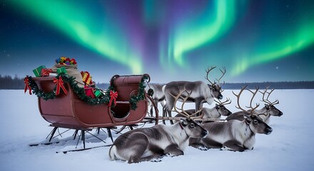 Santas sleigh pulled by reindeer under the northern lights in a snowy winter landscape