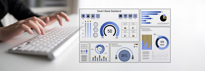 Smart home dashboard manages IoT system. Smart home dashboard controls temperature, dashboard...
