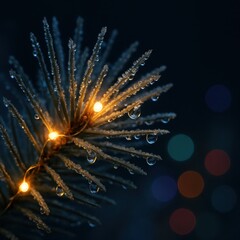Obraz premium Macro of snow dusted evergreen needles wrapped in tiny warm fairy lights against a deep winter night with dreamy multicolor bokeh twinkles