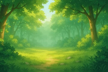 Fototapeta premium Whimsical anime forest glade with parallax trees dappled light pastel palette and soft mist seamless banner for game scenes and streaming overlays