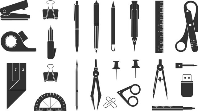 Office supplies icon set, black silhouette stationery, school tools vector, minimal design, education elements, isolated symbols, creative workspace essentials