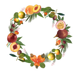 Fresh summer fruits and vegetables border frame with apples, strawberries, carrots, and tomatoes for a healthy vegetarian food collection