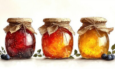 Three jars of colorful preserves, detailed illustration