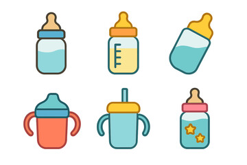 Baby bottles flat icon set. featuring different bottle styles, sippy cups