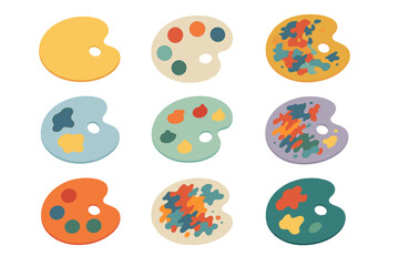 Art supplies flat icon set. featuring paint palette, watercolor, acrylics, oil paint, and color mixing tools