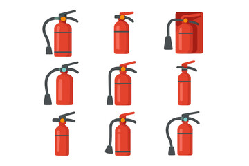 Fire extinguisher flat icon set. featuring different extinguisher designs and safety symbols