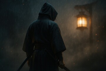 Cinematic hooded samurai from behind gazing right in rain and ember filled night dramatic mist lantern glow and deep shadows epic character wallpaper