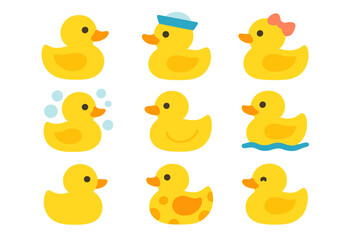 Playful ducks flat icon set. featuring sailor, bow tie, bubbles, happy, wave, polka dot, and unique duck designs