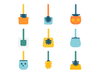 Naklejka premium Cleaning tools flat icon set. featuring mop, scrubber, brush, bucket, duster, and broom symbols