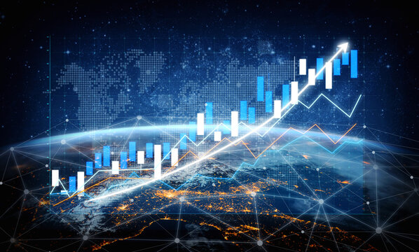 This digital image showcases a financial growth chart over a globe representation, illustrating global connectivity and dynamic data visualization, perfect for finance-related themes. Impute