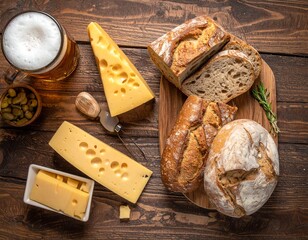 Artisan Bread Cheese And Refreshing Beer On Wooden Table