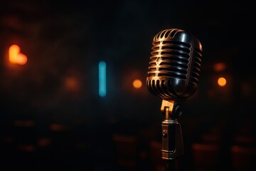 Spotlit vintage microphone on nightclub stage with moody bar ambiance perfect for comedy night live music cabaret poster and event promotion design