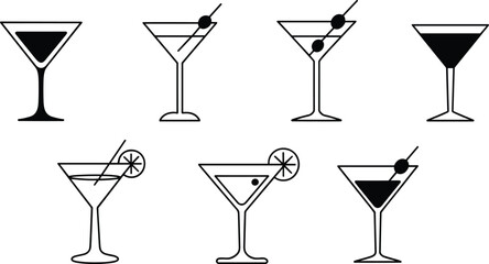 Stylized cocktail glass icons, martini illustrations, garnish variations, bar drink symbols, mixology elements, vector set, nightlife, alcohol, celebration, minimal design
