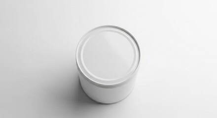 Top-down view of a plain, white, unlabeled metal food can sitting on a white surface.