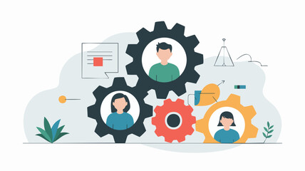 Illustration of interconnected gears with diverse people inside, symbolizing teamwork, collaboration, and efficient business operations.