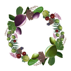 Fresh summer fruits and vegetables border frame with apples, strawberries, carrots, and tomatoes for a healthy vegetarian food collection