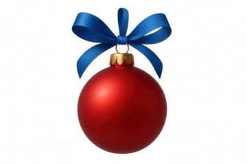 Christmas bauble with blue ribbon, red ornament hanging for holiday decoration and festive season