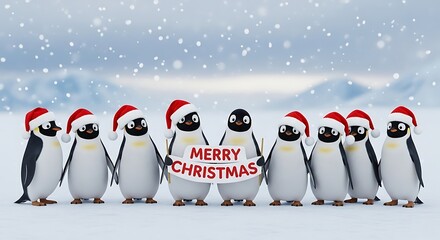Group of adorable penguins wearing santa hats holding a merry christmas banner in a snowy landscape, perfect for holiday cards and festive designs