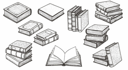 High-quality vector PNG illustrations of various books, meticulously drawn in a vintage style, perfect for design projects needing a classic book collection aesthetic.
