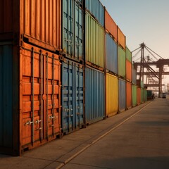 Fototapeta premium Long row of colorful cargo containers aligned on dock with busy shipping pier activity in background global export logistics industrial supply chain scene