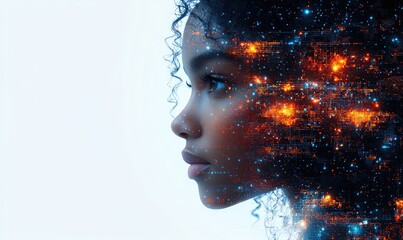 A young person's profile, digitally enhanced with abstract glowing particles