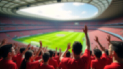 Blurred image of a football stadium filled with cheering fans in red jerseys, with bright green grass in the background. Concept of sporting atmosphere, passion and community energy.