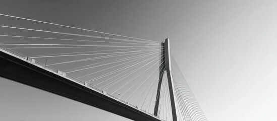 Obraz premium A grayscale view of a cable-stayed bridge. The deck arcs across the bottom; cables radiate upwards