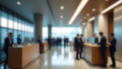 Blurred image of people queuing at a modern indoor service counter, business or government office environment, bright lighting with large windows and digital queue displays, public service scene