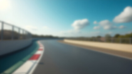 Blurred curves of a racing track under a blue sky. Concept of high speed, adrenaline, motorsport competition. Abstract sports background.
