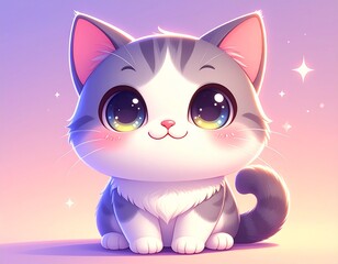 Fototapeta premium Cute digital illustration of a chubby cat with big sparkling eyes and a happy smile, designed in pastel colors with a kawaii aesthetic. Perfect for stickers, children’s books, and playful designs