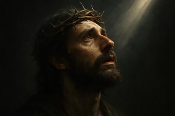 Fototapeta premium Solemn biblical man wearing a crown of thorns gazing toward a radiant upward light against dark studio background evocative portrait of faith and hope
