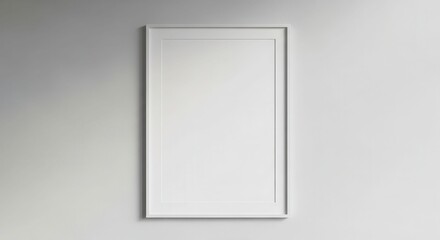 A rectangular white picture frame hangs vertically on a light gray wall, casting a subtle shadow.