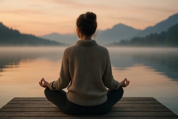 Calm morning meditation on wooden pier by misty mountain lake wellness and mindfulness practice with soft dawn light and pastel sky reflections