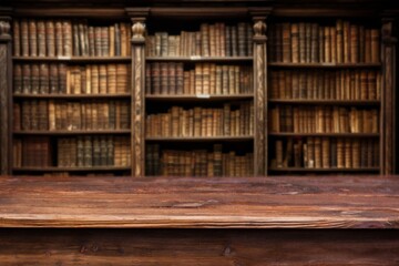empty wooden desk top at library background