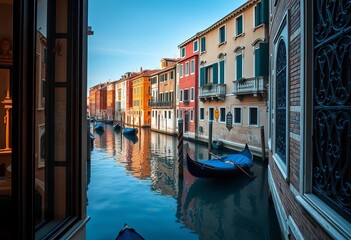 Obraz premium Venetian window frames reflecting canal water, intricate details, urban landscape, reflection