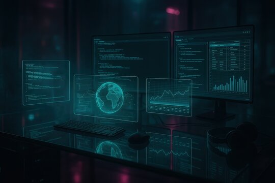 Futuristic coding studio with holographic dashboards streaming code and data pipelines modern developer workstation under neon cyberpunk lighting