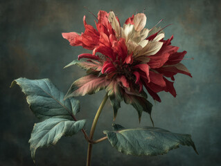 Close up of a withered red flower on a slender stem, faded petals and a textured muted background, capturing delicate decay, quiet beauty, and timeless rustic mood.