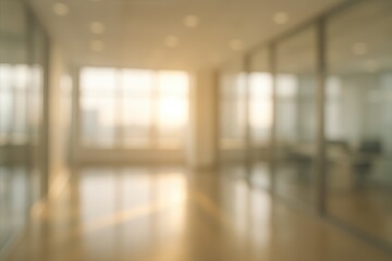 Fototapeta premium Bright modern office interior with glass reflections and subtle motion blur creating clean corporate background with warm morning sun