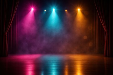 Empty theater stage with dramatic colored spotlights haze and velvet curtains vibrant lighting background for performance posters and show promotions