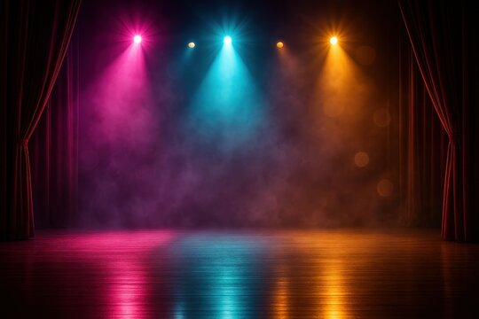 Empty theater stage with dramatic colored spotlights haze and velvet curtains vibrant lighting background for performance posters and show promotions