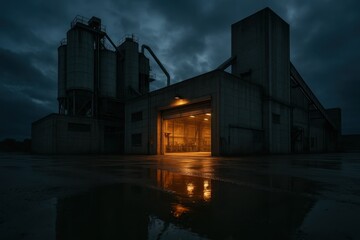 Fototapeta premium Monolithic concrete factory exterior at dawn with open bay door warm interior light spilling onto wet pavement clouds trucks steel framework details