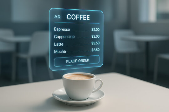 Augmented Coffee Order: A ceramic cup of coffee is presented beneath a transparent AR menu, featuring a modern, tech-forward vision of a cafe ordering system.