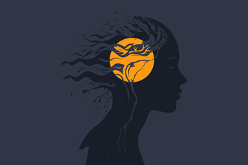 Abstract Mind Silhouette with Tree Roots and Moon &ndash; Meditation and Spiritual Concept Illustration