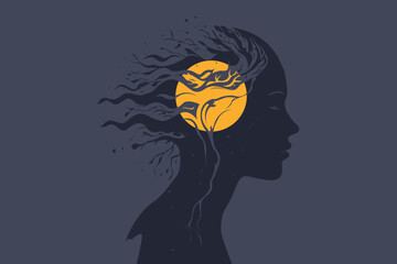 Abstract Mind Silhouette with Tree Roots and Moon &ndash; Meditation and Spiritual Concept Illustration