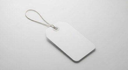 Fototapeta premium A blank white price tag with a string loop, isolated on a plain grey background.