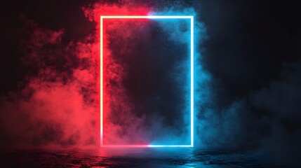A rectangular neon light frame stands out against a backdrop of dramatic red and blue smoke, creating a vibrant and captivating scene.