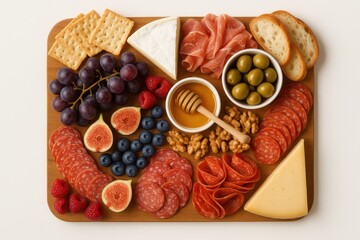 Gourmet charcuterie and cheese platter top view on white with assorted appetizers fruits nuts and crackers elegant minimal buffet composition