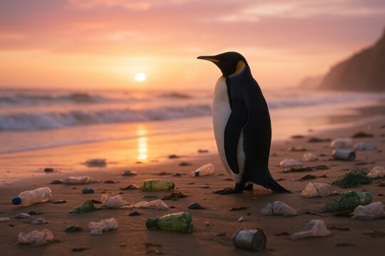 Endangered penguin on littered shoreline under golden sunrise powerful ocean pollution awareness scene - Powered by Adobe